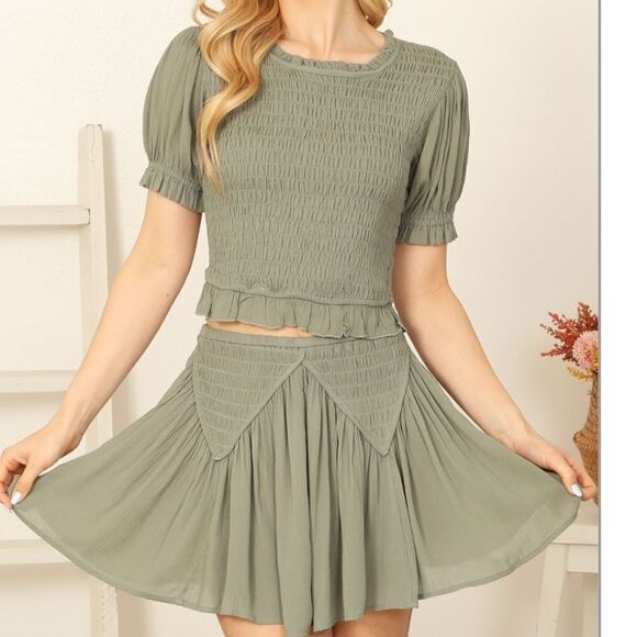 Matching Set Olive Smocked TopSkirt Feminine Frilly Sweet S M - Picture 5 of 6